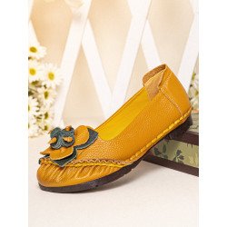 Socofy Genuine Leather Handmade Breathable Soft Comfy Casual Floral Decor Hand Stitching Flat Shoes