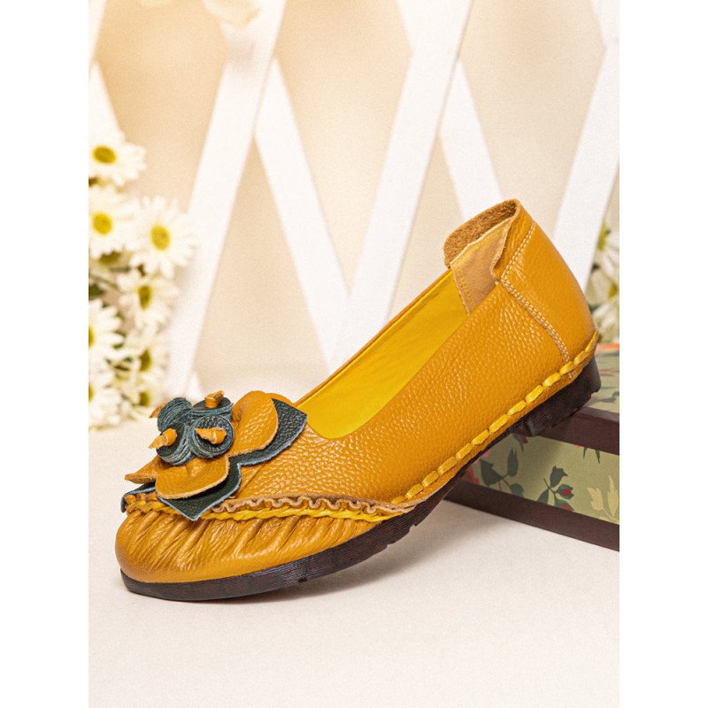 Socofy Genuine Leather Handmade Breathable Soft Comfy Casual Floral Decor Hand Stitching Flat Shoes