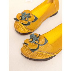 Socofy Genuine Leather Handmade Breathable Soft Comfy Casual Floral Decor Hand Stitching Flat Shoes