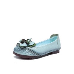 Socofy Genuine Leather Handmade Breathable Soft Comfy Casual Floral Decor Hand Stitching Flat Shoes