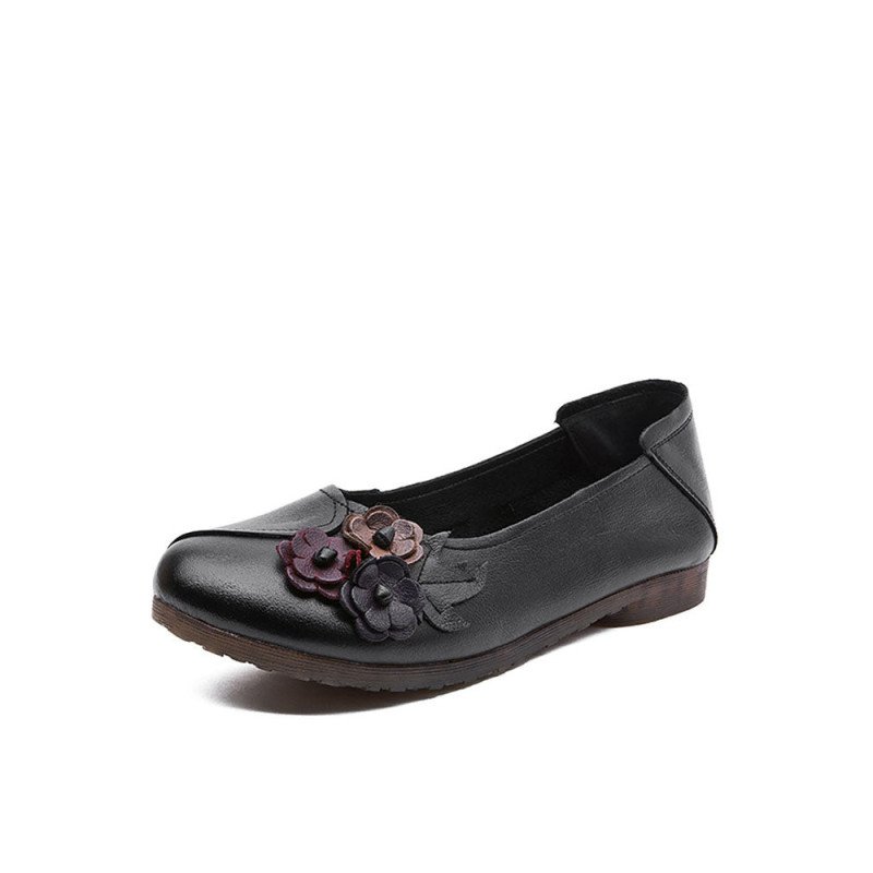 Socofy Genuine Leather Handmade Breathable Soft Comfy Floral Decor Casual Retro Ethnic Flats