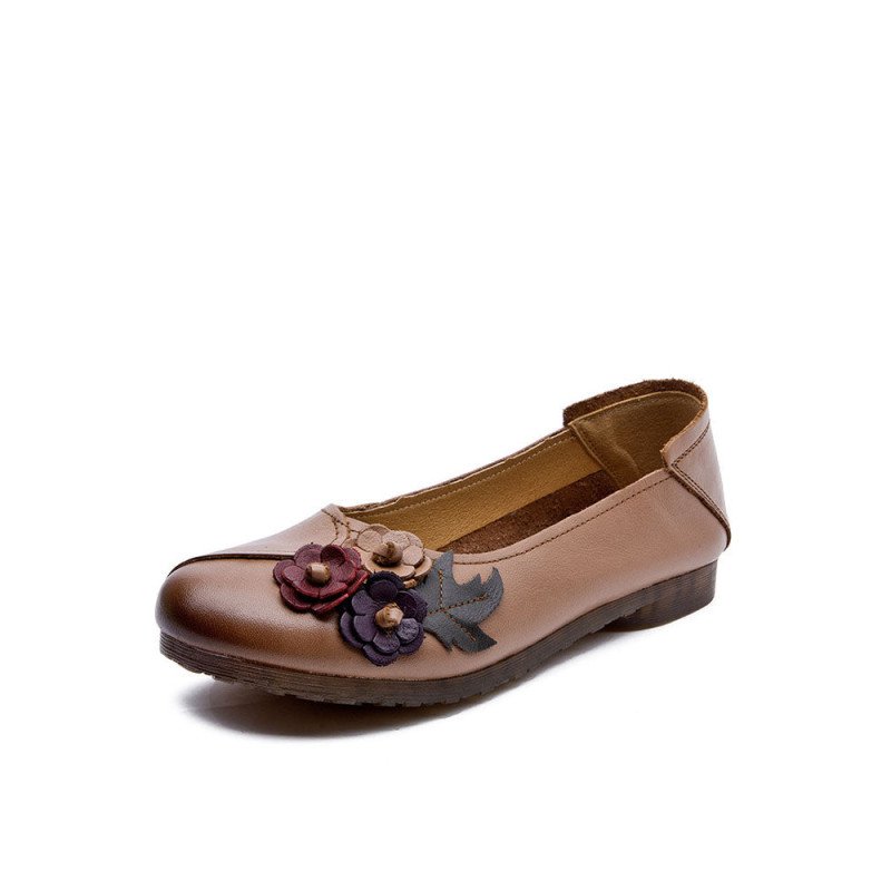 Socofy Genuine Leather Handmade Breathable Soft Comfy Floral Decor Casual Retro Ethnic Flats