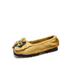 Socofy Genuine Leather Handmade Stitching Shoes Breathable Soft Comfy Floral Decor Casual Flats