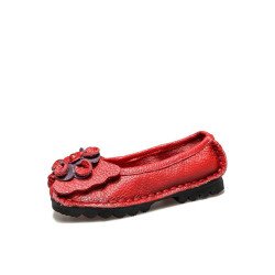 Socofy Genuine Leather Handmade Stitching Shoes Breathable Soft Comfy Floral Decor Casual Flats