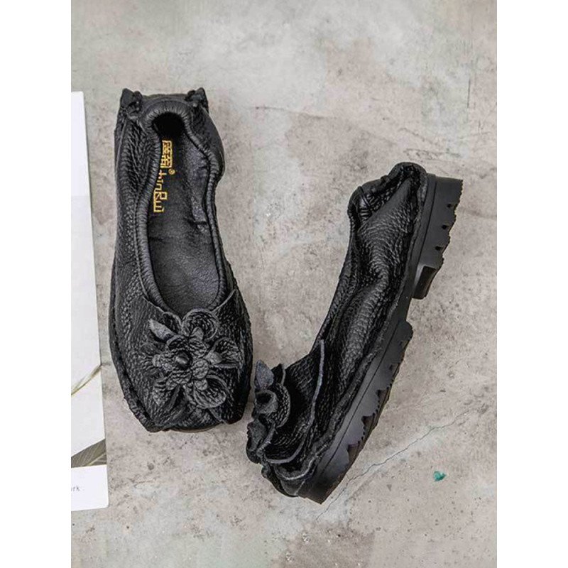 Socofy Genuine Leather Handmade Stitching Shoes Breathable Soft Comfy Floral Decor Casual Flats
