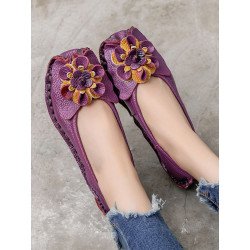 Socofy Genuine Leather Handmade Stitching Shoes Breathable Soft Comfy Floral Decor Casual Flats