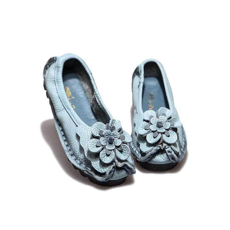 Socofy Genuine Leather Handmade Stitching Shoes Breathable Soft Comfy Floral Decor Casual Flats