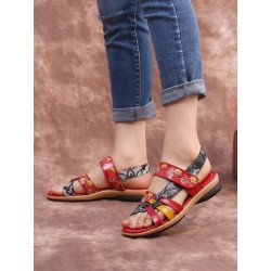 Socofy Retro Floral Print Cross Straps Genuine Leather Splicing Hook Loop Comfy Flat Stripe Sandals