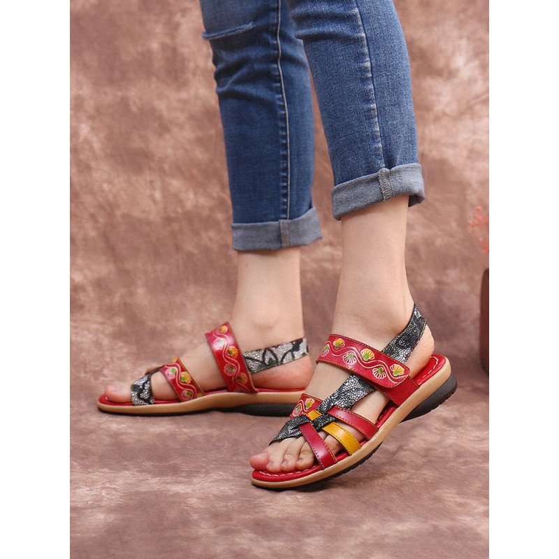 Socofy Retro Floral Print Cross Straps Genuine Leather Splicing Hook Loop Comfy Flat Stripe Sandals
