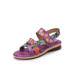 Socofy Retro Floral Print Cross Straps Genuine Leather Splicing Hook Loop Comfy Flat Stripe Sandals