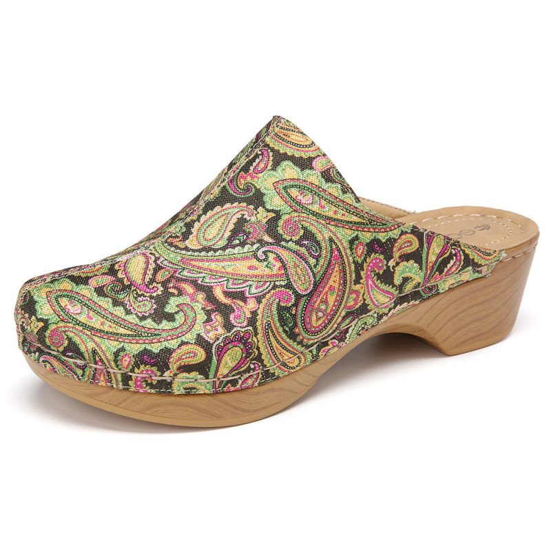 SOCOFY Retro Cloth Folkways Pattern Stitching Slip On Mules Clogs Comfy Low heel Sandals For Easter Gifts