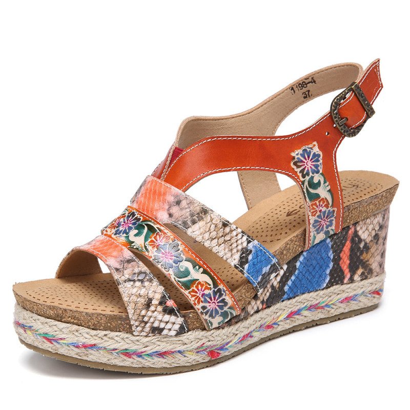 SOCOFY Leather Floral Snakeskin Printed Strappy Buckle Slingback Wedge Sandals Espadrilles