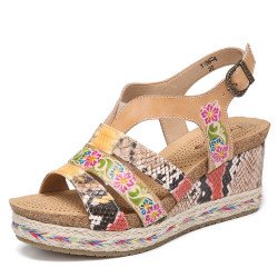 SOCOFY Leather Floral Snakeskin Printed Strappy Buckle Slingback Wedge Sandals Espadrilles