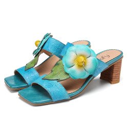 SOCOFY Cow Leather Floral Pattern Slip On Block Heel Sandals