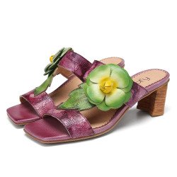 SOCOFY Cow Leather Floral Pattern Slip On Block Heel Sandals