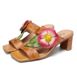 SOCOFY Cow Leather Floral Pattern Slip On Block Heel Sandals