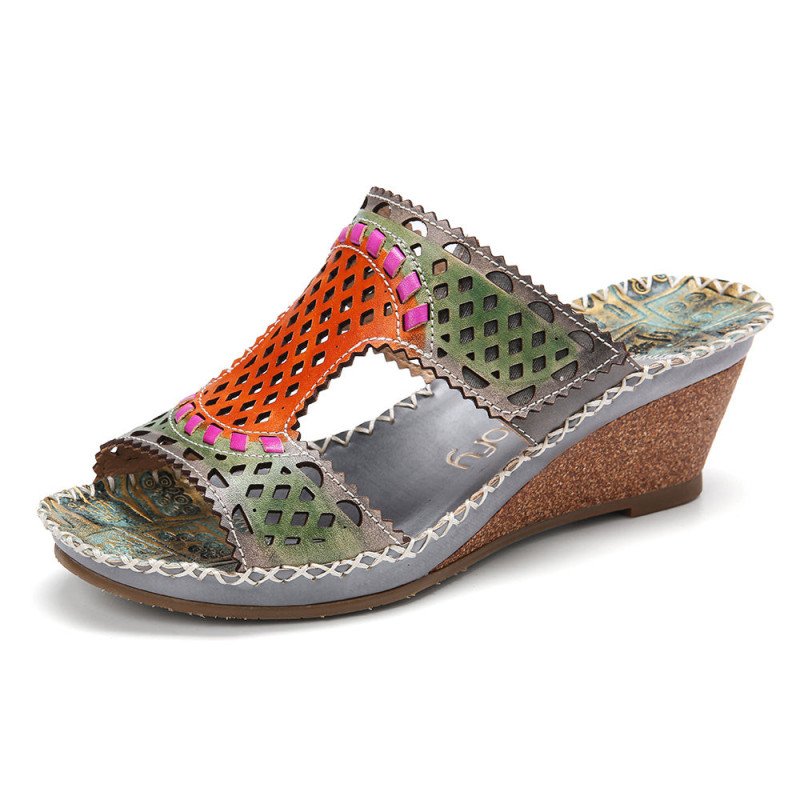 SOCOFY Handmade Leather Contrast Coutouts Stitching Slip on Slides Wedge Sandals