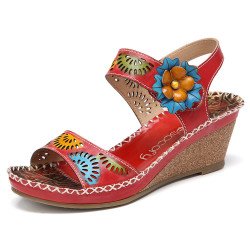 SOCOFY Handmade Leather Cutout Ankle Strap Beaded Floral Stitching Mid Heel Wedge Sandals