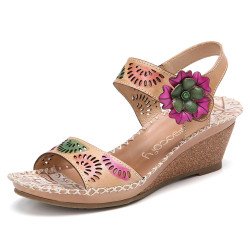 SOCOFY Handmade Leather Cutout Ankle Strap Beaded Floral Stitching Mid Heel Wedge Sandals