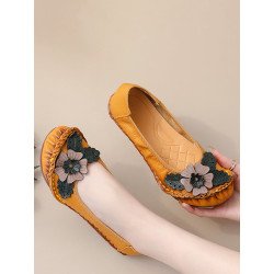 Socofy Genuine Leather Hand Stitching Shoes Retro Ethnic Soft Comfy Floral Flats