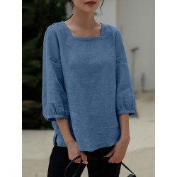 Solid Slit Hem Square Collar 3/4 Sleeve Blouse