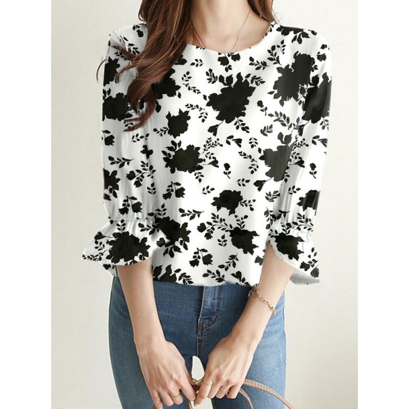 Leaves Print 3/4 Sleeve Crew Neck Casual Blouse