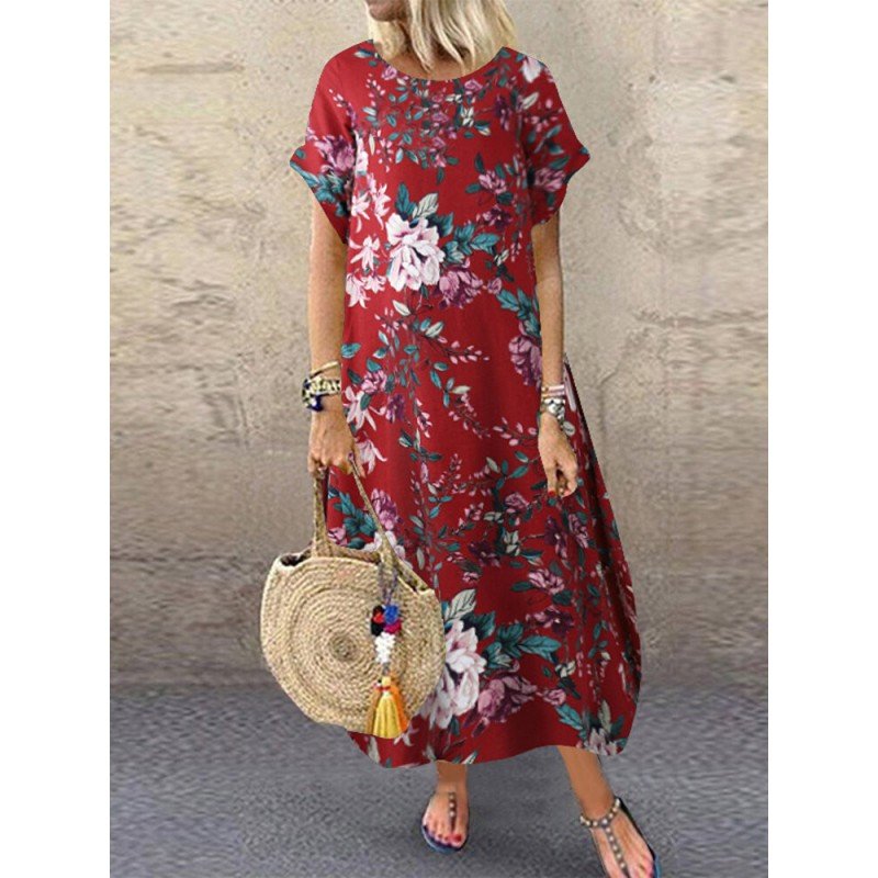 Allover Flower Print Pocket Crew Neck Short Sleeve Dress