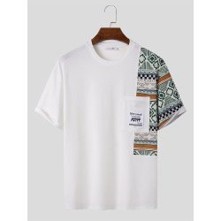 Mens Vintage Geometric Print Patchwork Crew Neck Short Sleeve T-Shirts
