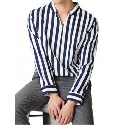 Men's Stand Collar V-neck Striped Shirts