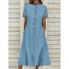 Women Solid Button Front Short Sleeve Denim Shirt Dress