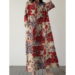 Allover Flower Print Pocket Crew Neck Vintage Dress