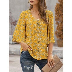 Ditsy Floral Print V-Neck Button Up Flared Sleeve Blouse