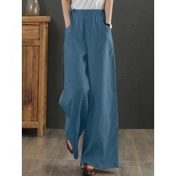 Women Solid Drawstring Waist Pocket Wide Leg Pants