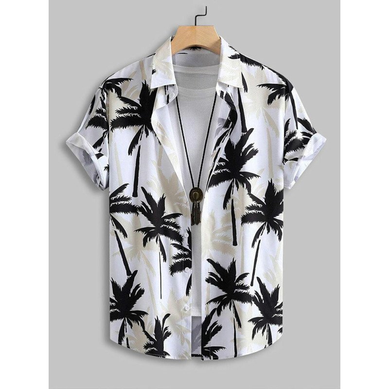 Mens Allover Coconut Tree Print Vacation Short Sleeve Shirts