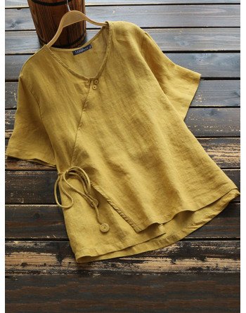 Vintage Solid Color Knot Button Plus Size Blouse