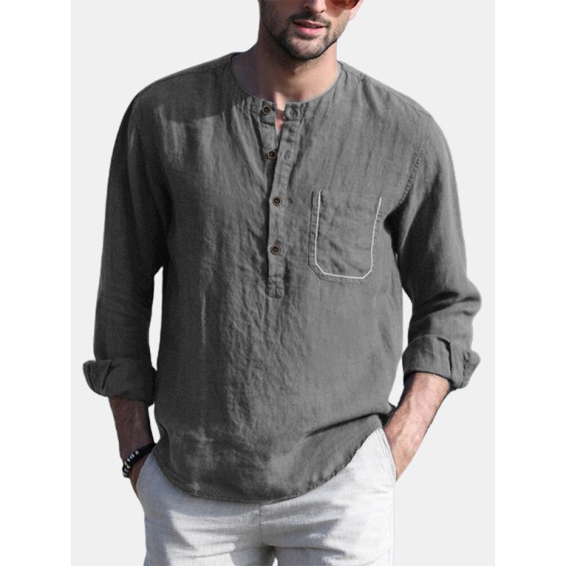 Plus Size Mens Solid Cotton Casual Long Sleeve Henley Shirts With Pocket