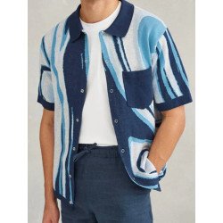 Mens Wave Print Ribbed Knit Patchwork Shirt