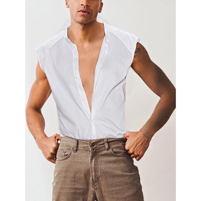 Mens Solid Workout Button Down Sleeveless Shirt