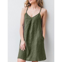 Solid Pocket Spaghetti Strap Backless Dress For Women