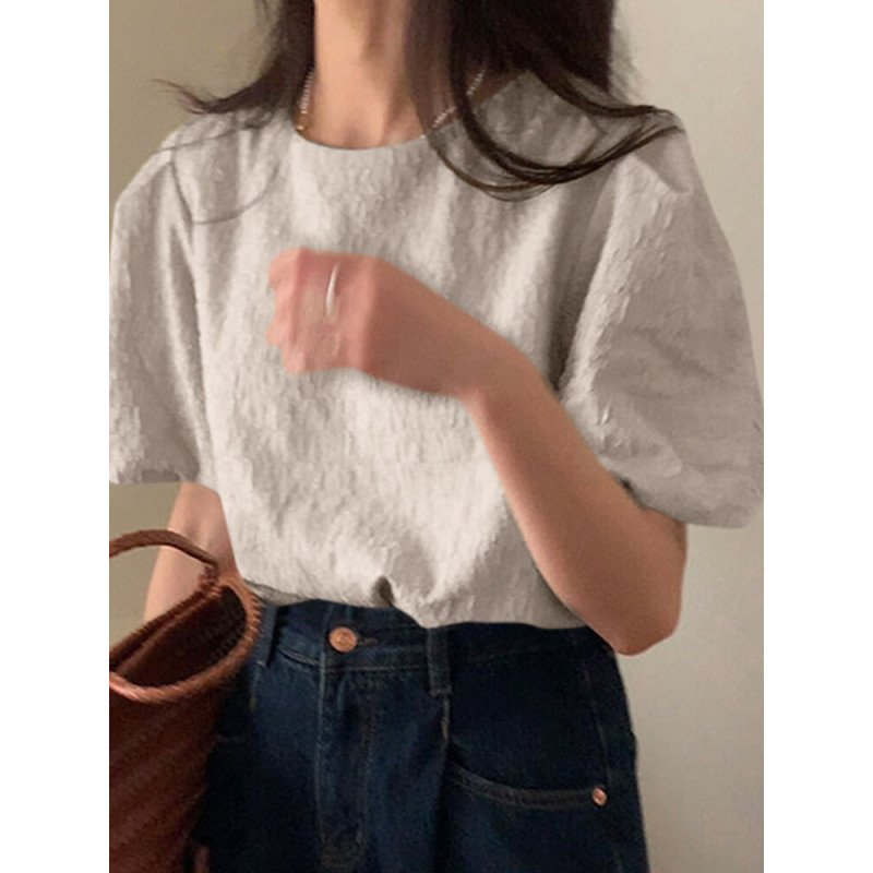 Puff Sleeve Keyhole Back Crew Neck Solid Casual Blouse