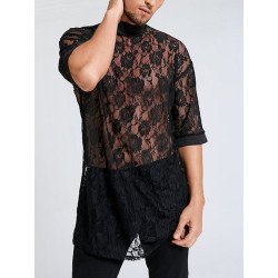 Mens Rose Lace Transparent Flower Pattern Thin Sexy Plain Robs