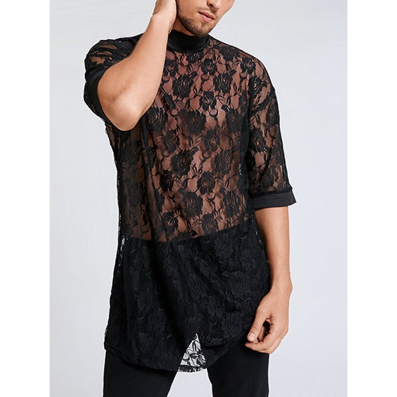Mens Rose Lace Transparent Flower Pattern Thin Sexy Plain Robs