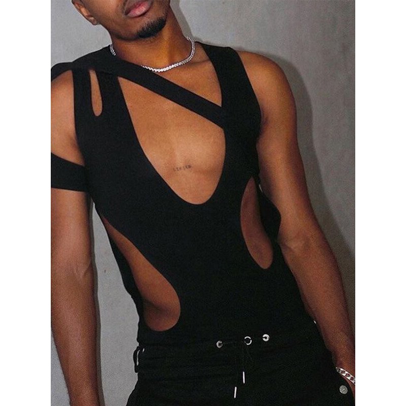 Mens Irregular Hollow Out Sleeveless Triangle Bodysuit