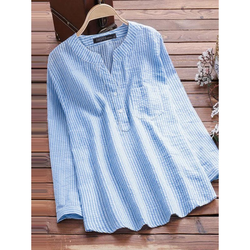 Stripe Print Half Placket Button Long Sleeve Blouse