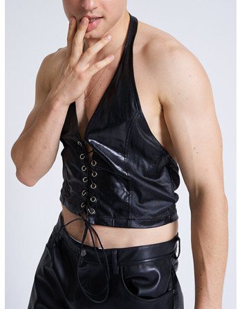 Men Halter PU Leather Cross Straps Vest