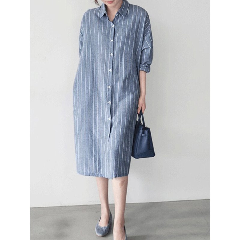 Stripe Button Lapel Casual Cotton Shirt Dress