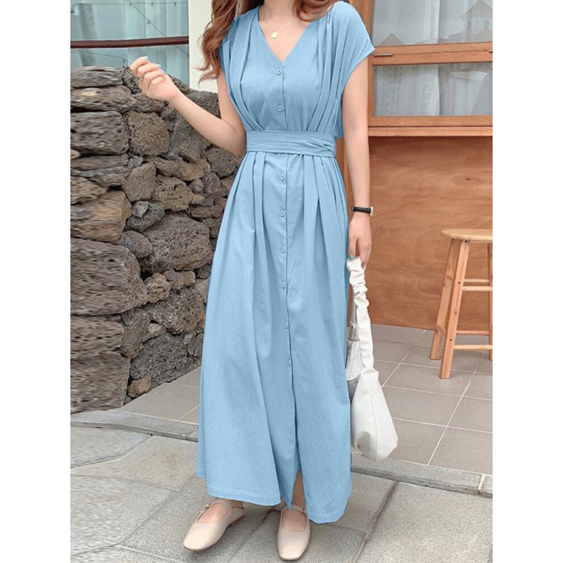 Solid Pleated V-neck Short Sleeve Maxi Dress With Belt