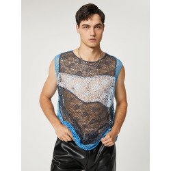 Mens Lace Hollow Out Color Block Vest