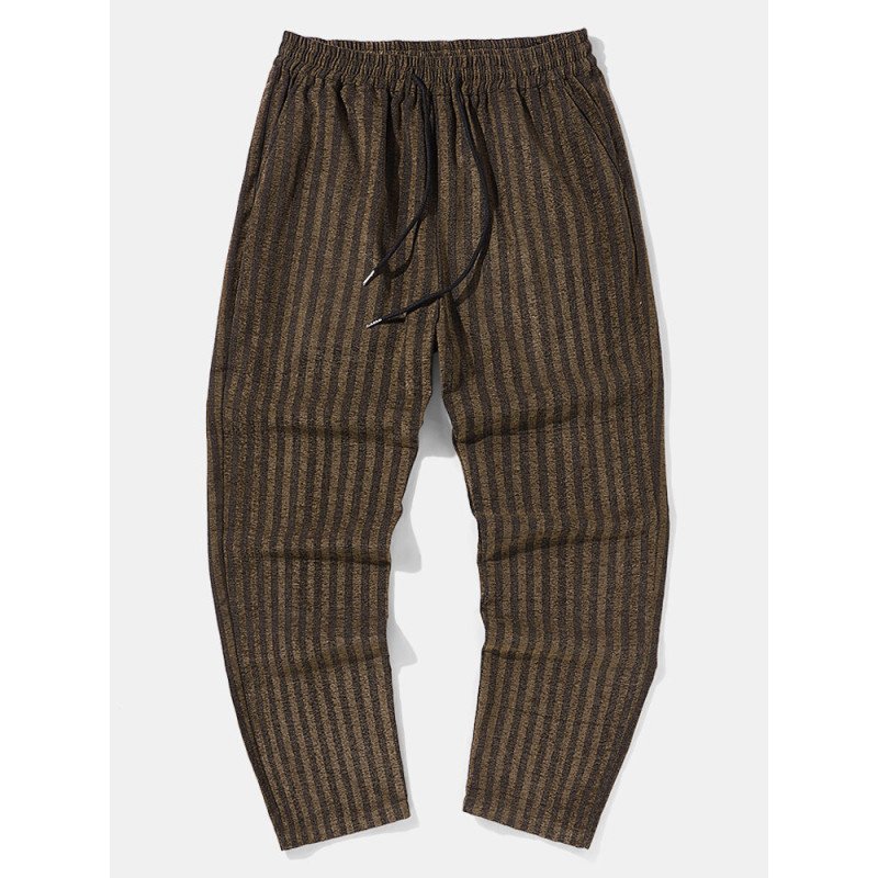 Mens Vertical Striped Cotton Daily Drawstring Waist Pants
