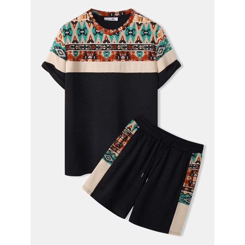 Mens Ethnic Geometric Pattern Stitching Crew Neck Two Pieces Outfits